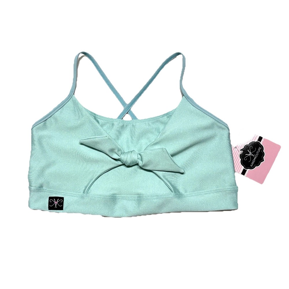 Kandi Kouture Dancewear Top Crop Sports Bra Dance Aqua Bow TL Teen‎ L 8/9 New